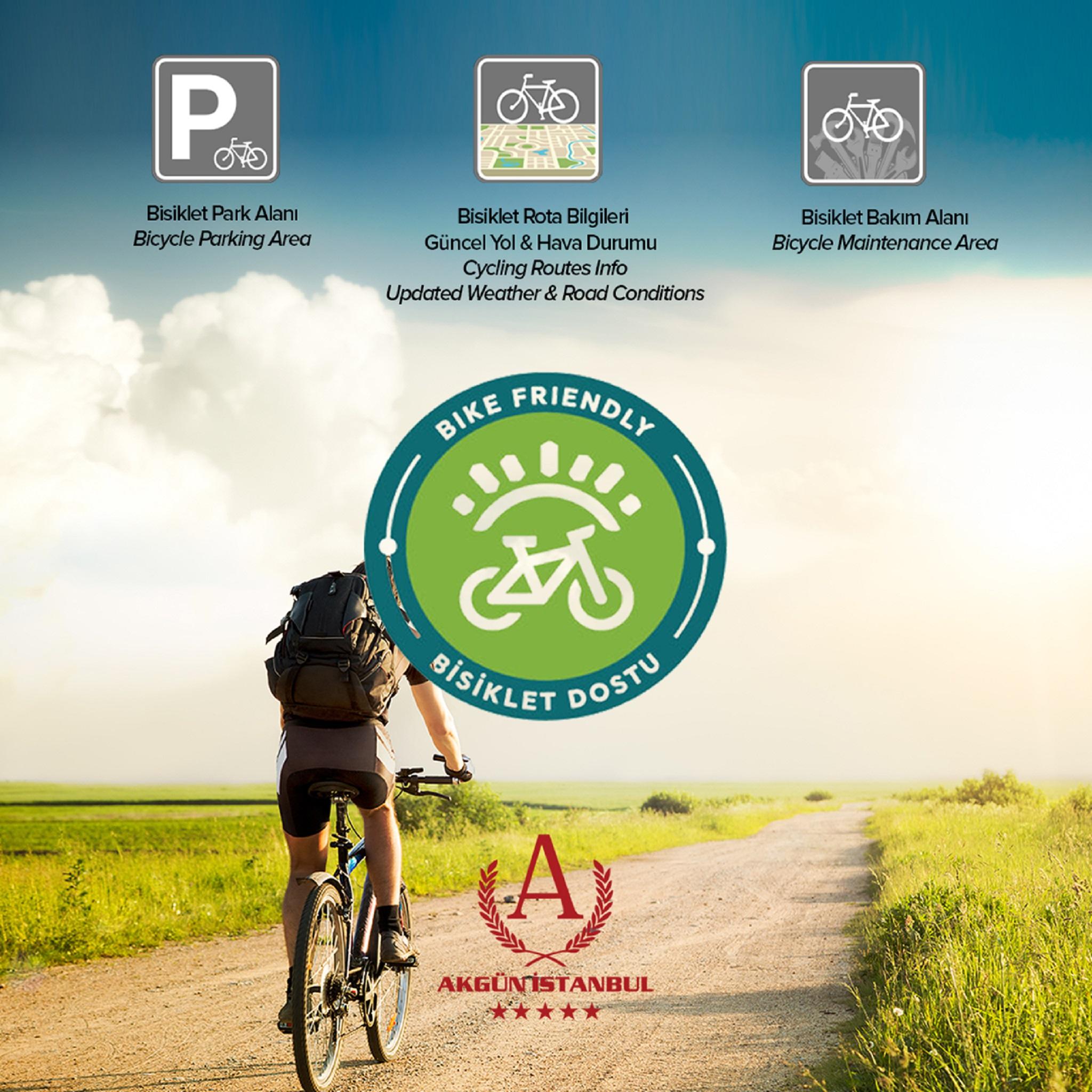Akgun Istanbul Hotel Exterior foto The photo features a scenic outdoor setting with a person riding a bicycle along a pathway. In the center, there is a circular logo that reads "Bike Friendly" with a bicycle icon, surrounded by green. Surrounding the logo are different informational 