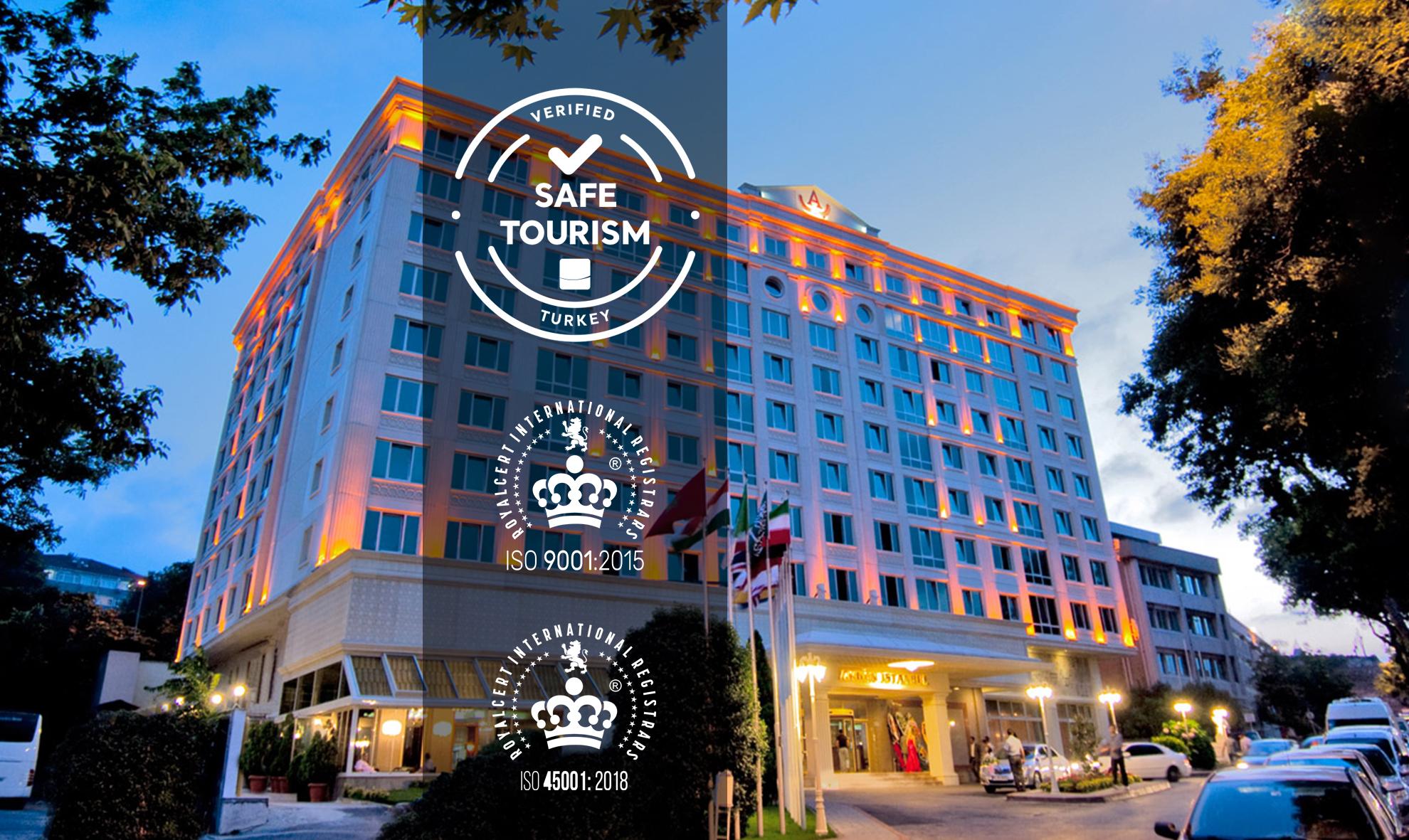 Akgun Istanbul Hotel Exterior foto The image shows a large hotel building, which is well-lit with warm lighting on its facade. Several logos are displayed prominently on the image, indicating that the hotel has been verified for "Safe Tourism" in Turkey. Additionally, there are two ce